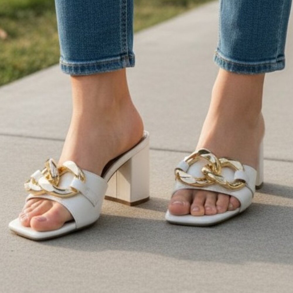 White and Gold Express Open Toed Heels (Size 8)